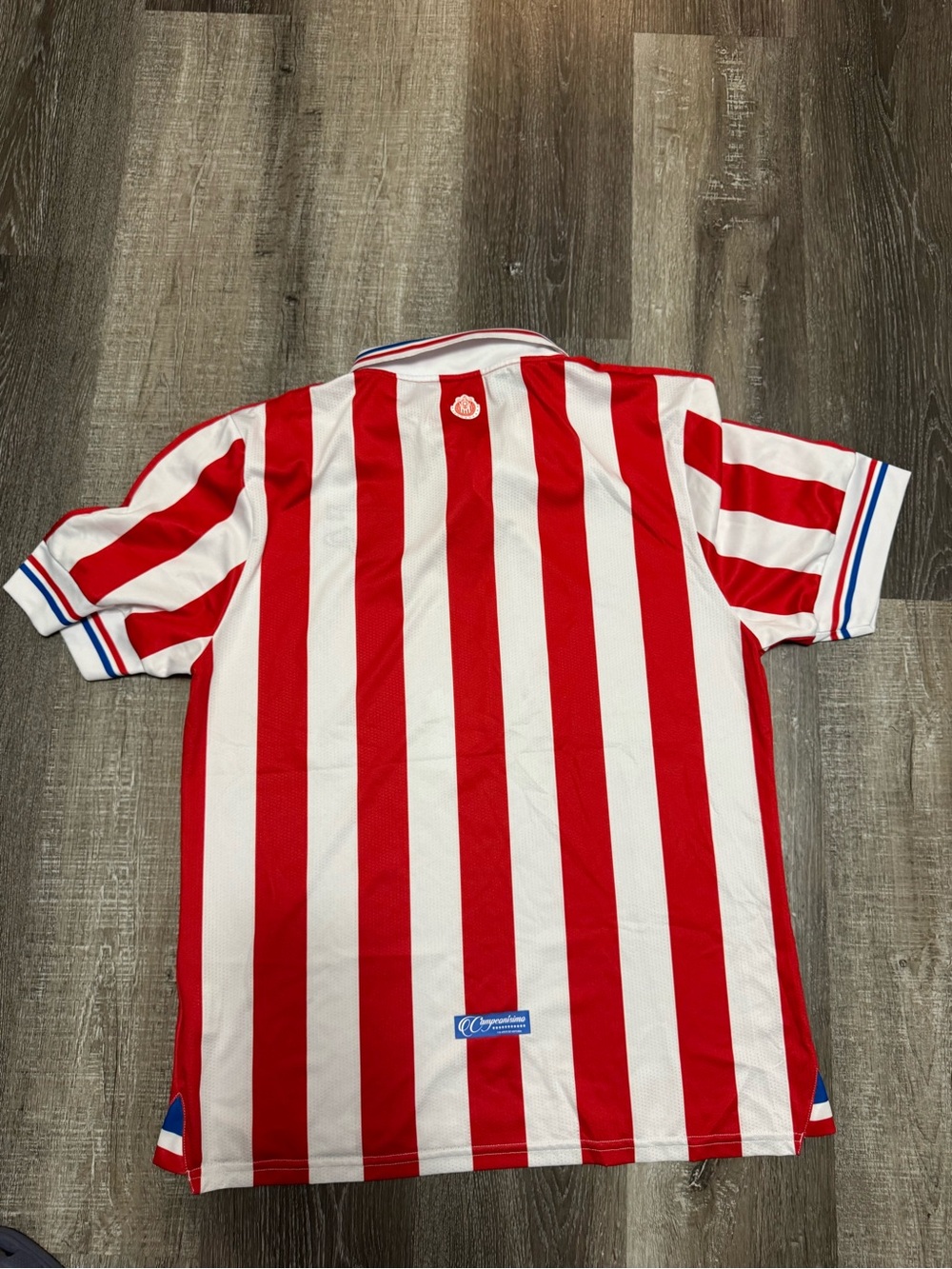 Puma Chivas Red & White Striped mans Soccer Jersey with Blue Accents - Picture 3 of 3